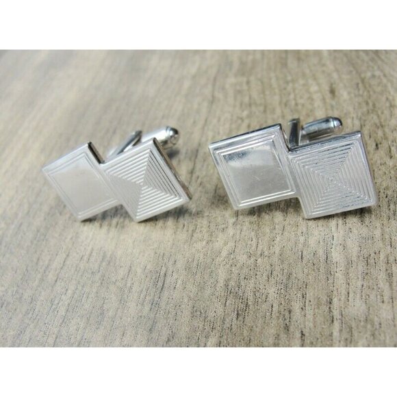 Double Square Cufflinks Smooth Lined Silver Tone Tux Shirt Dress Suit Vintage - Picture 3 of 9